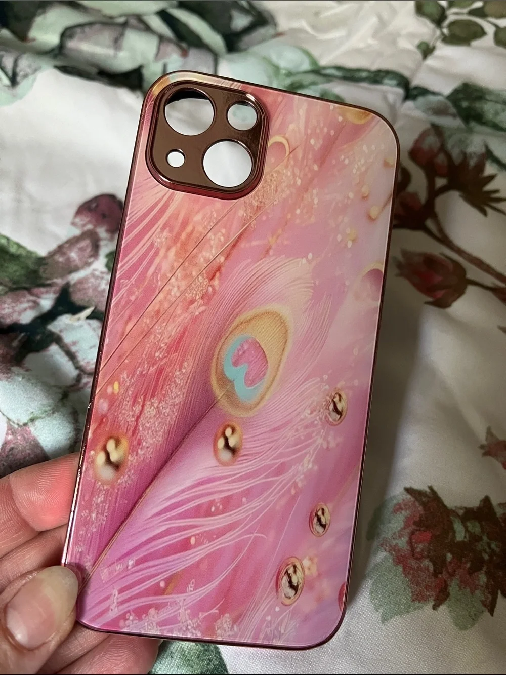 Case for IPhone 13 Pink Peacock Feather Tempered Glass Back